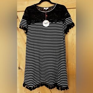 HAYDEN LOS ANGELES Black and White Striped Dress with Lace and Tassels. Large.